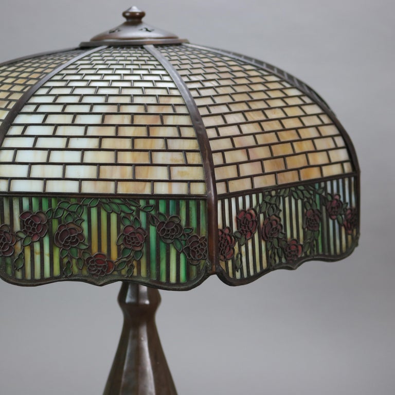 Handel Arts & Crafts Bronze Overlay Table Lamp with Painted Rose Elements c1920