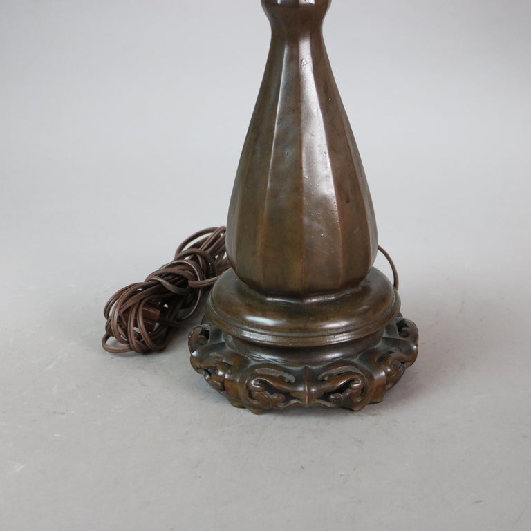 Handel Arts & Crafts Bronze Overlay Table Lamp with Painted Rose Elements c1920
