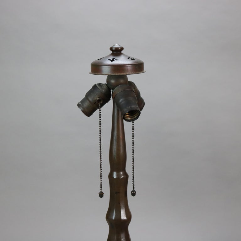 Handel Arts & Crafts Bronze Overlay Table Lamp with Painted Rose Elements c1920