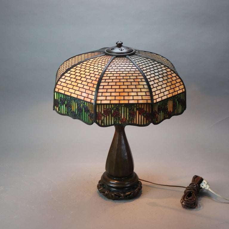 Handel Arts & Crafts Bronze Overlay Table Lamp with Painted Rose Elements c1920