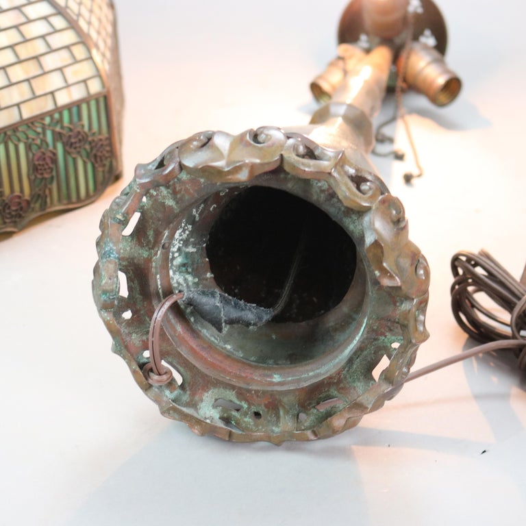 Handel Arts & Crafts Bronze Overlay Table Lamp with Painted Rose Elements c1920