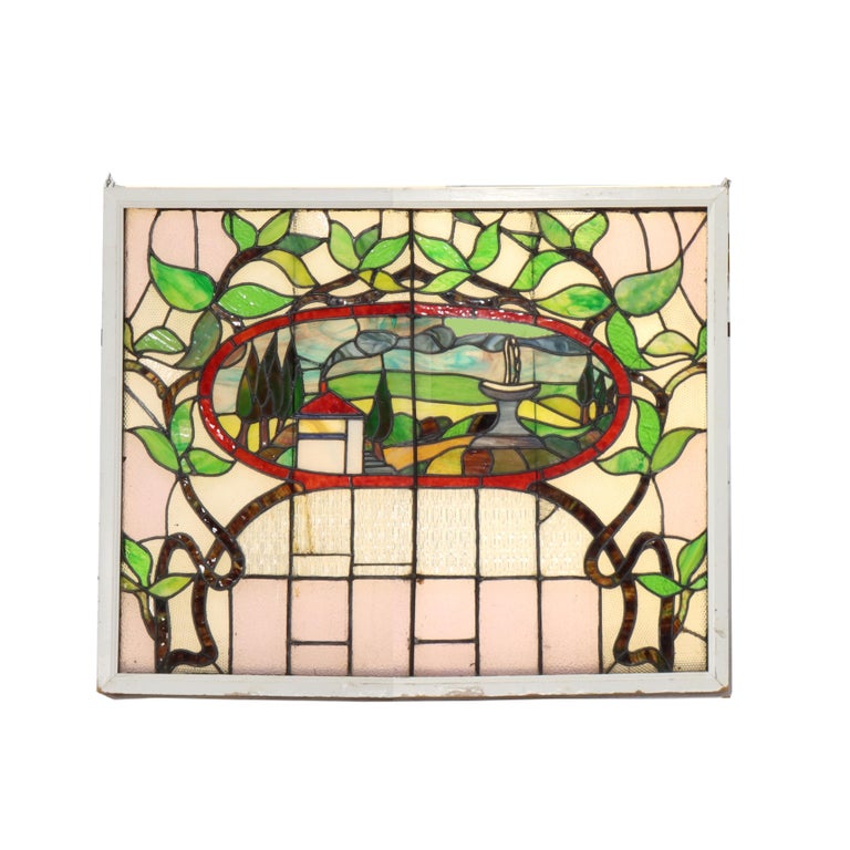 Antique Arts & Crafts Stained Leaded Glass Scenic & Foliate Window c1920