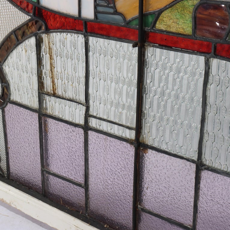Antique Arts & Crafts Stained Leaded Glass Scenic & Foliate Window c1920