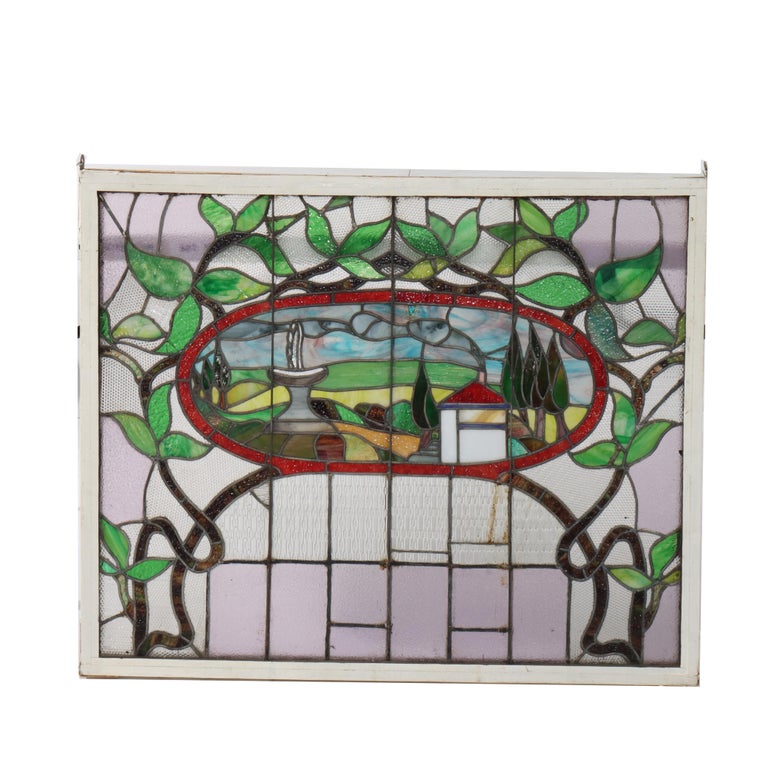 Antique Arts & Crafts Stained Leaded Glass Scenic & Foliate Window c1920