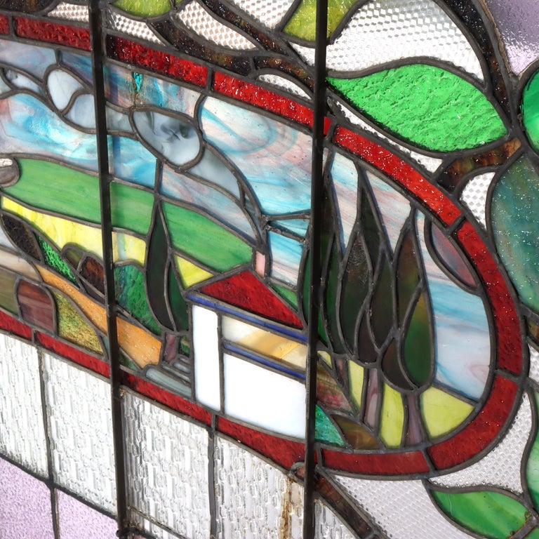 Antique Arts & Crafts Stained Leaded Glass Scenic & Foliate Window c1920