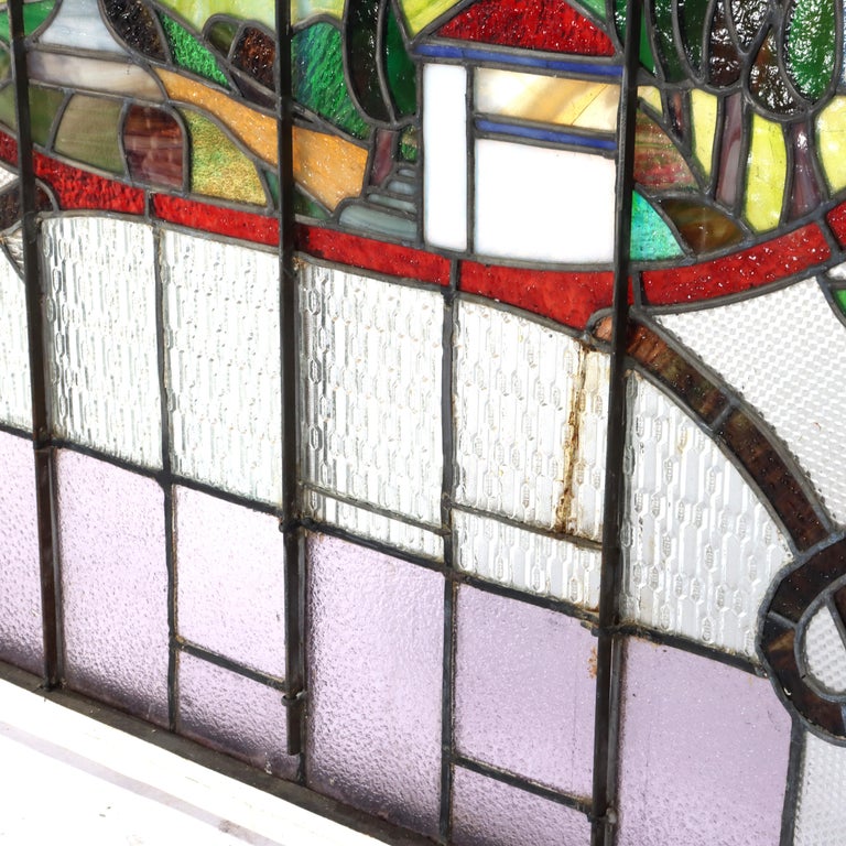 Antique Arts & Crafts Stained Leaded Glass Scenic & Foliate Window c1920