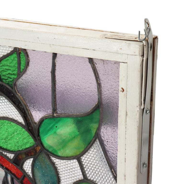 Antique Arts & Crafts Stained Leaded Glass Scenic & Foliate Window c1920