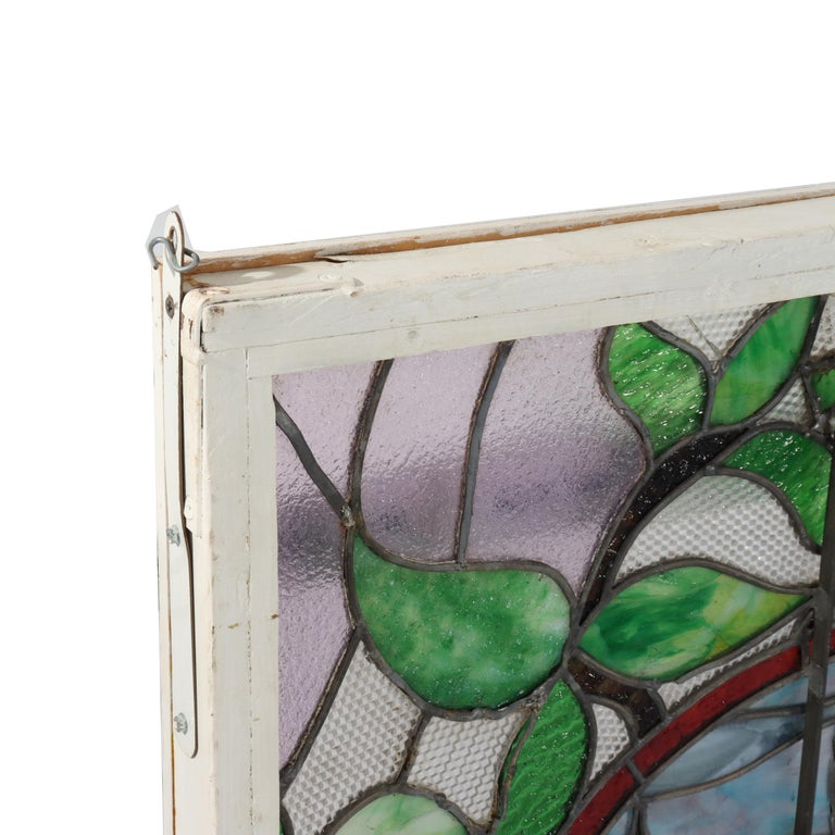 Antique Arts & Crafts Stained Leaded Glass Scenic & Foliate Window c1920