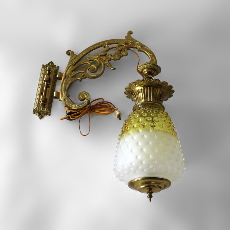 Antique Brass, Gilt Bronze & Hobnail Amberina Glass Hanging Pendant Sconce c1890