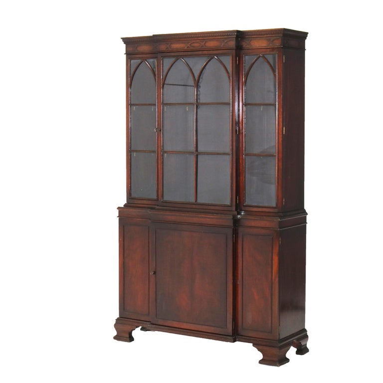 Antique Gothic Revival Flame Mahogany Step Back China Cabinet C1930