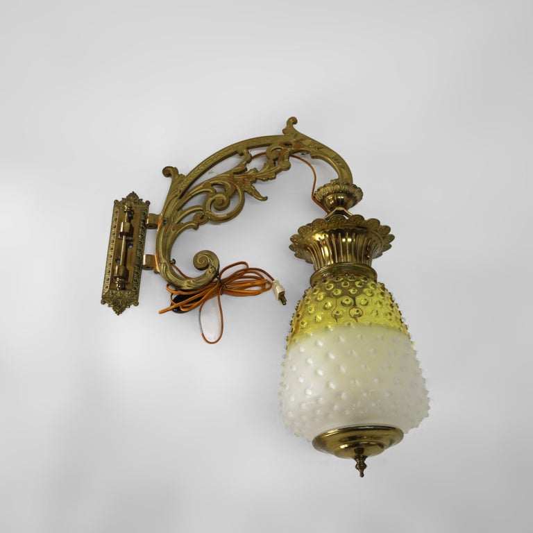 Antique Brass, Gilt Bronze & Hobnail Amberina Glass Hanging Pendant Sconce c1890