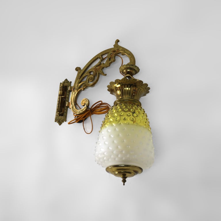 Antique Brass, Gilt Bronze & Hobnail Amberina Glass Hanging Pendant Sconce c1890