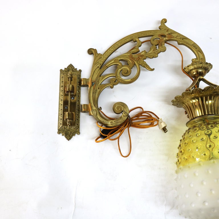 Antique Brass, Gilt Bronze & Hobnail Amberina Glass Hanging Pendant Sconce c1890