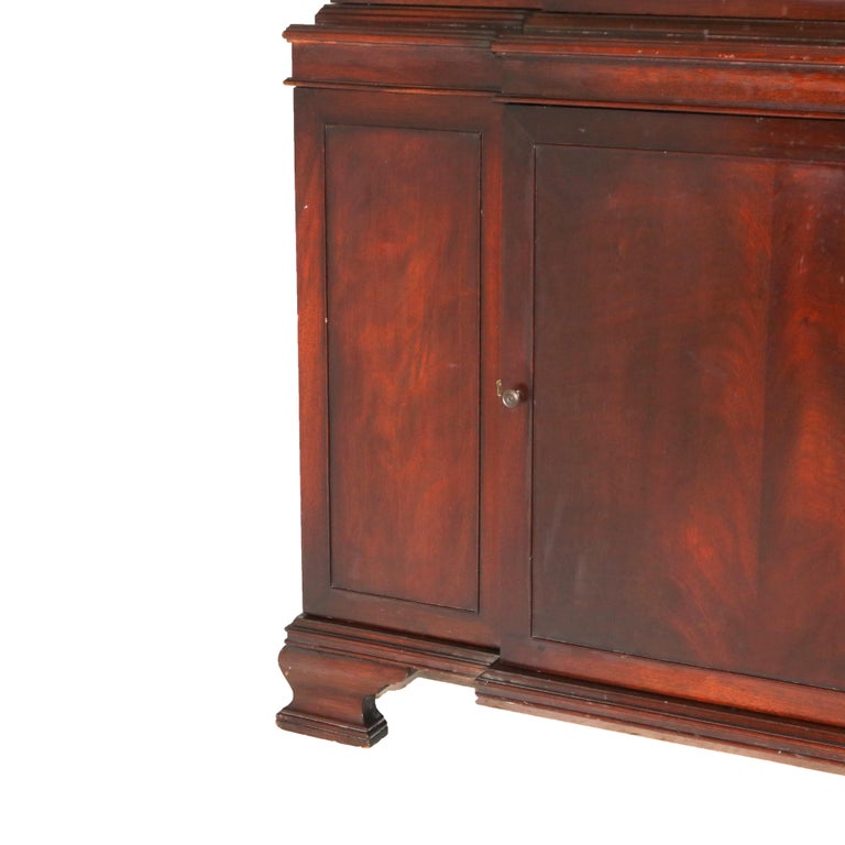 Antique Gothic Revival Flame Mahogany Step Back China Cabinet C1930