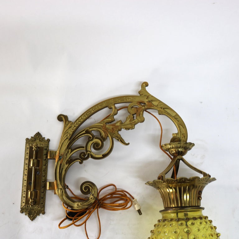 Antique Brass, Gilt Bronze & Hobnail Amberina Glass Hanging Pendant Sconce c1890