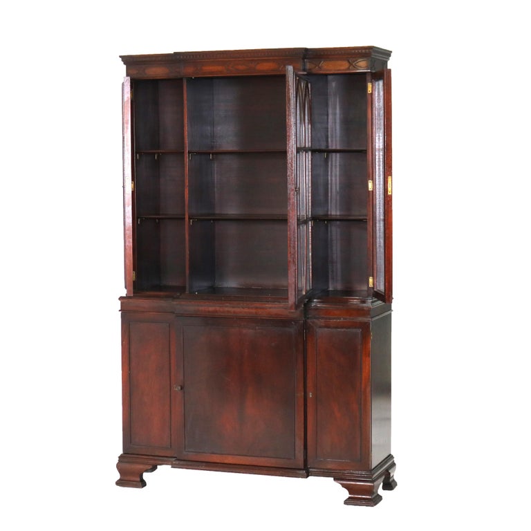 Antique Gothic Revival Flame Mahogany Step Back China Cabinet C1930