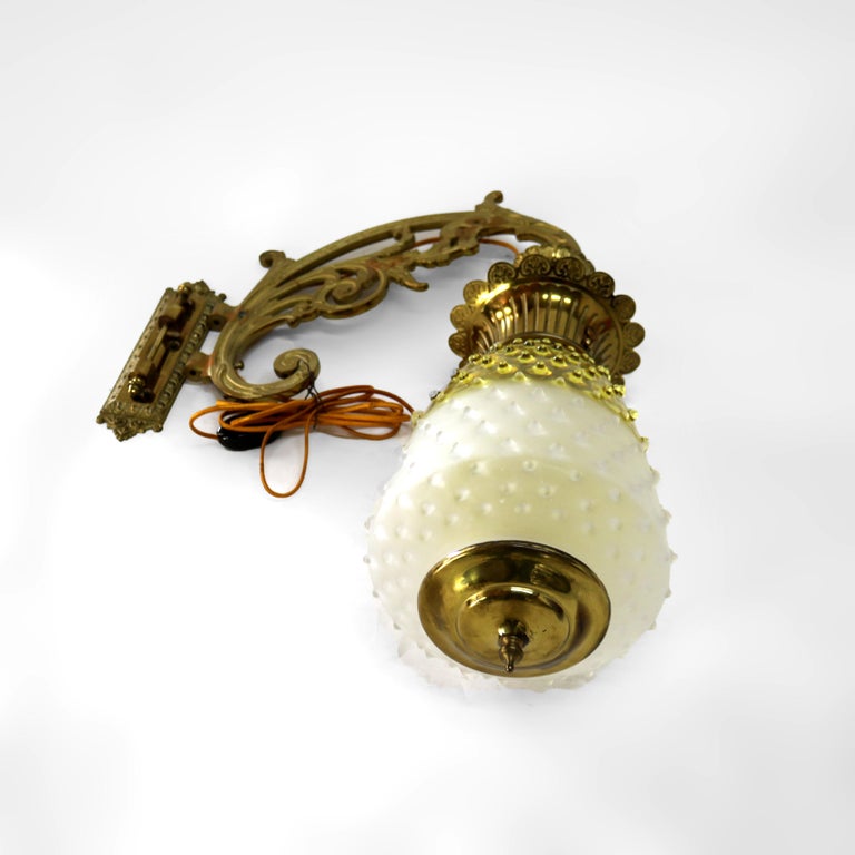 Antique Brass, Gilt Bronze & Hobnail Amberina Glass Hanging Pendant Sconce c1890