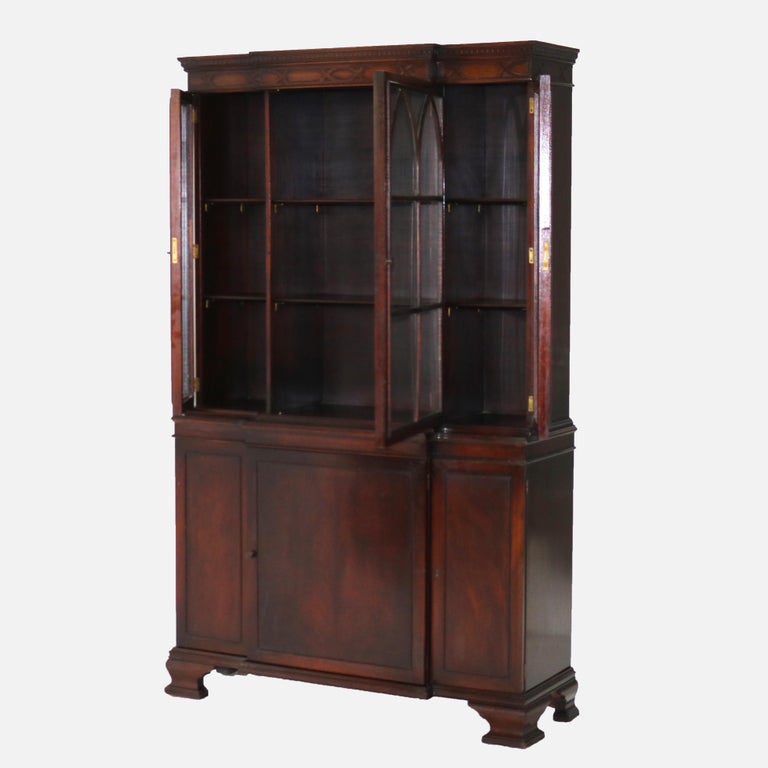 Antique Gothic Revival Flame Mahogany Step Back China Cabinet C1930