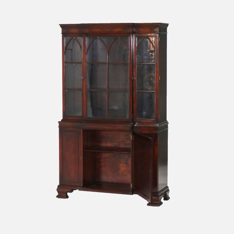 Antique Gothic Revival Flame Mahogany Step Back China Cabinet C1930