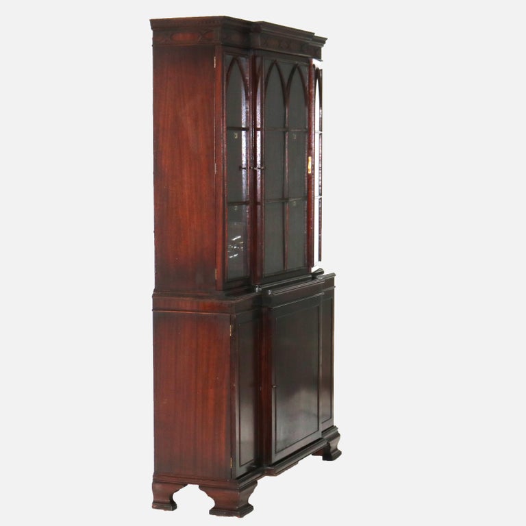 Antique Gothic Revival Flame Mahogany Step Back China Cabinet C1930