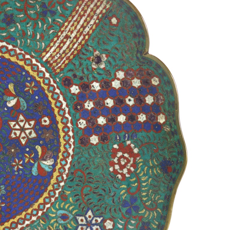 Antique Japanese Cloisonne Scalloped Edge Charger with Geometric Floral Design