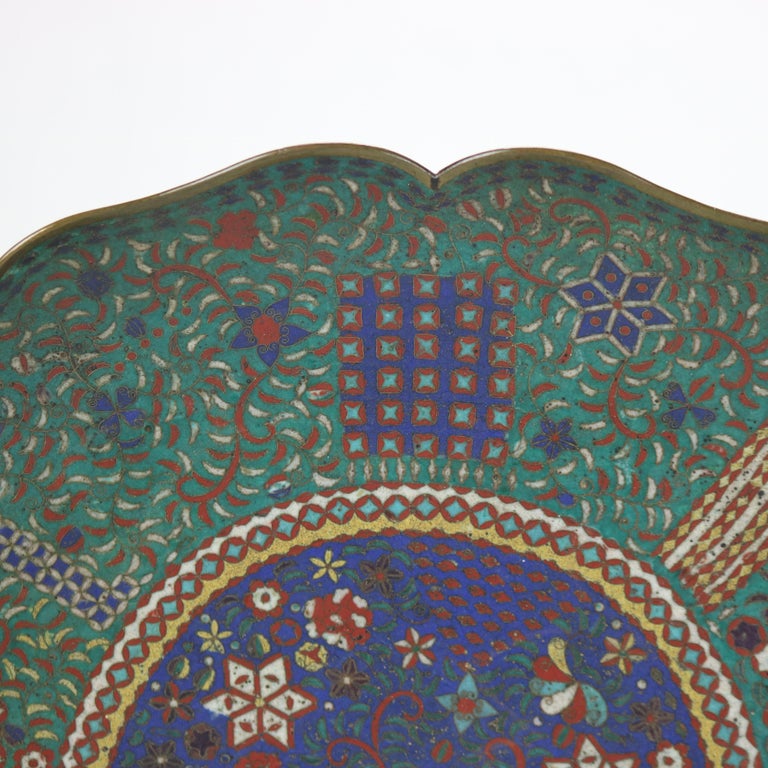 Antique Japanese Cloisonne Scalloped Edge Charger with Geometric Floral Design