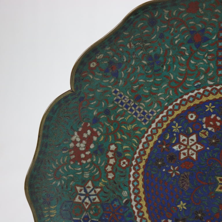 Antique Japanese Cloisonne Scalloped Edge Charger with Geometric Floral Design