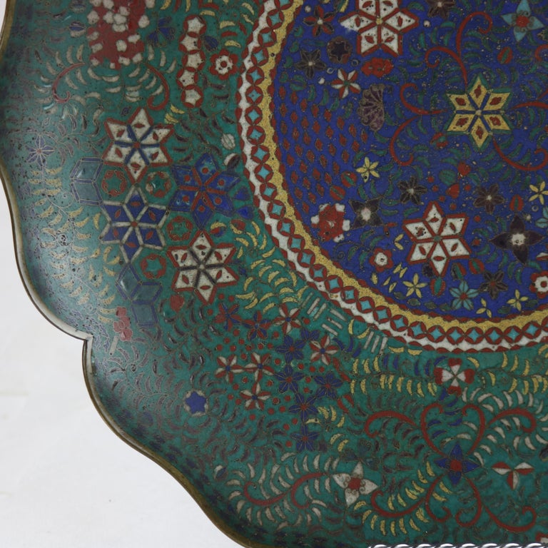 Antique Japanese Cloisonne Scalloped Edge Charger with Geometric Floral Design