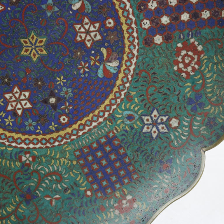 Antique Japanese Cloisonne Scalloped Edge Charger with Geometric Floral Design