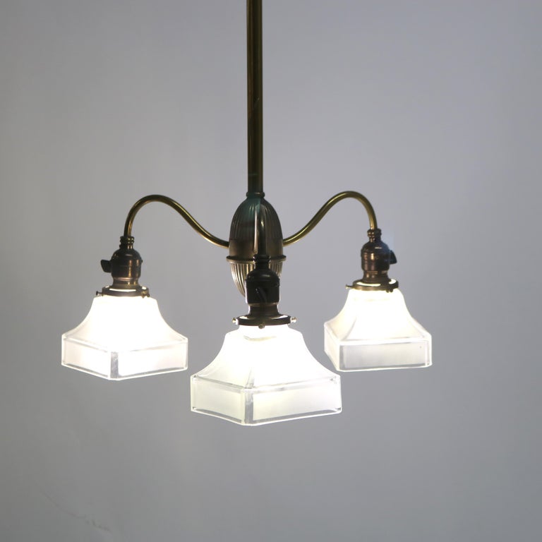 Antique Arts & Crafts Brass & Opalescent Glass Three-Light Hanging Fixture c1920