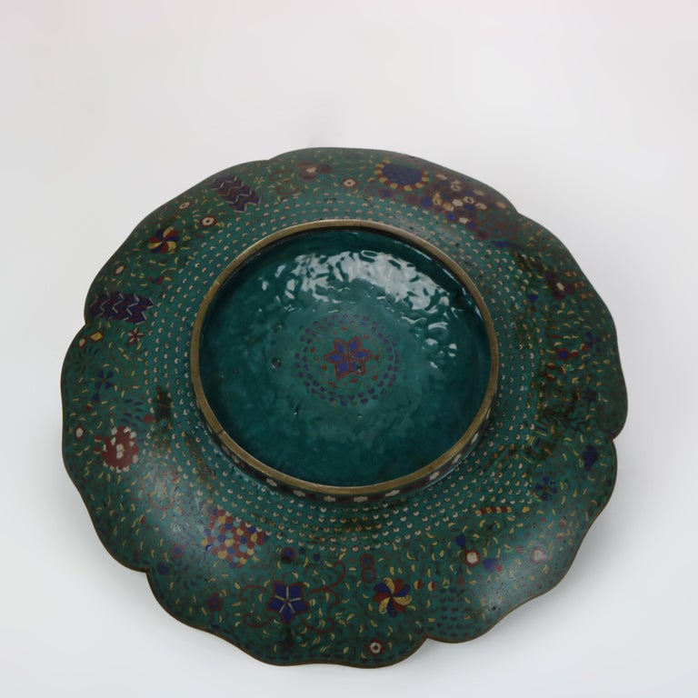 Antique Japanese Cloisonne Scalloped Edge Charger with Geometric Floral Design