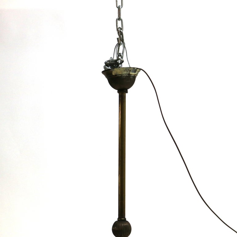 Antique Arts & Crafts Brass & Opalescent Glass Three-Light Hanging Fixture c1920