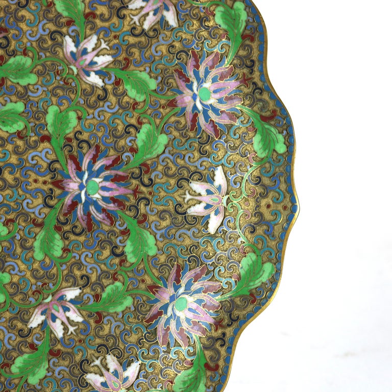 Antique Chinese Cloisonne Scalloped Edge & Reticulated Floral Charger c1920
