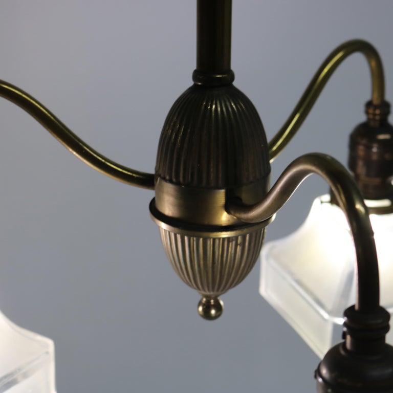 Antique Arts & Crafts Brass & Opalescent Glass Three-Light Hanging Fixture c1920