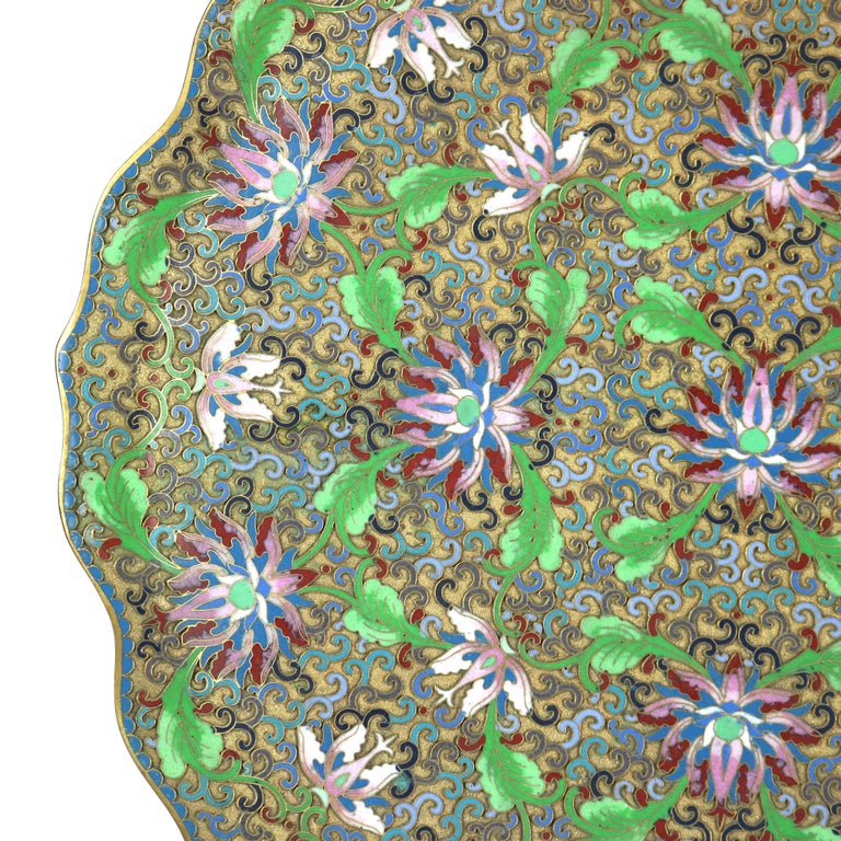 Antique Chinese Cloisonne Scalloped Edge & Reticulated Floral Charger c1920