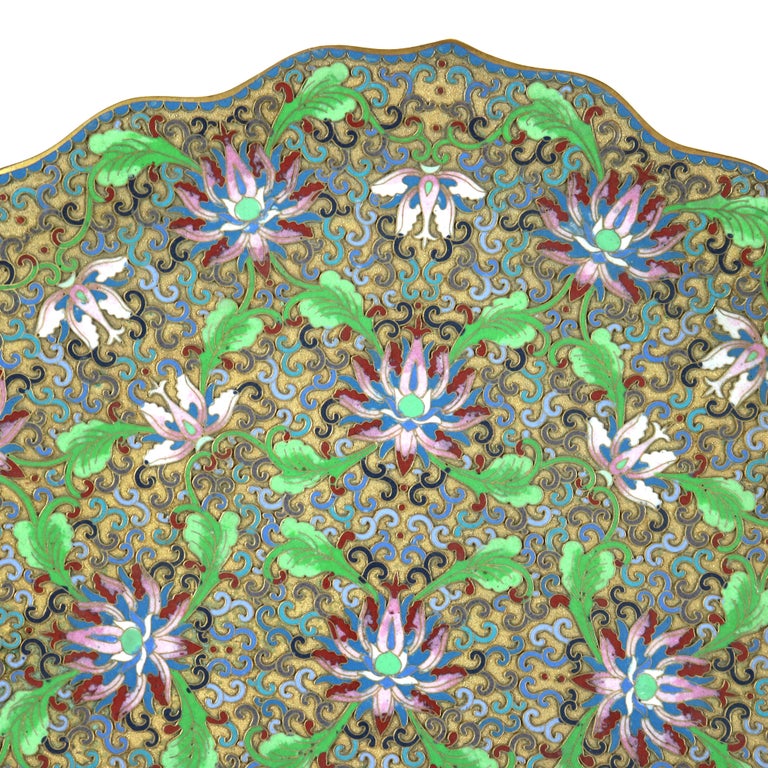 Antique Chinese Cloisonne Scalloped Edge & Reticulated Floral Charger c1920