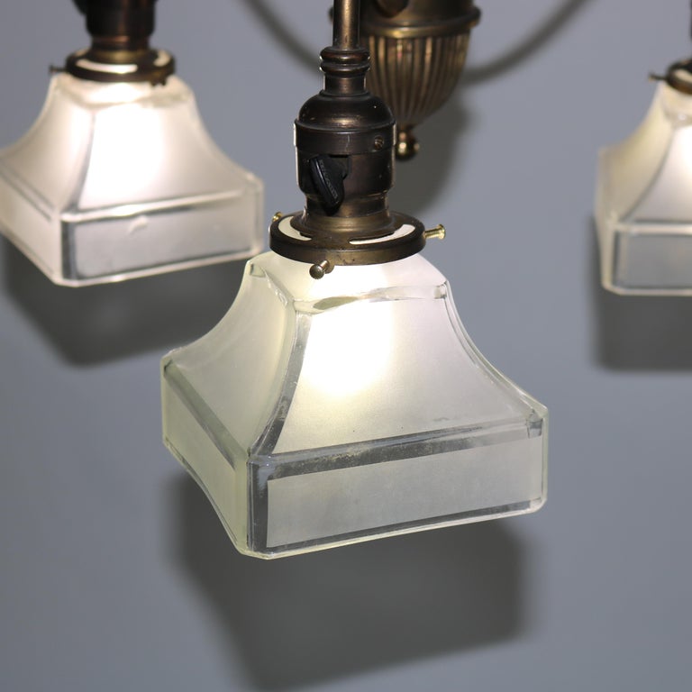 Antique Arts & Crafts Brass & Opalescent Glass Three-Light Hanging Fixture c1920