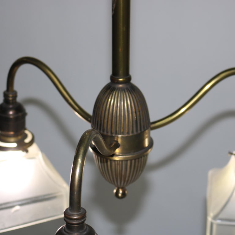 Antique Arts & Crafts Brass & Opalescent Glass Three-Light Hanging Fixture c1920
