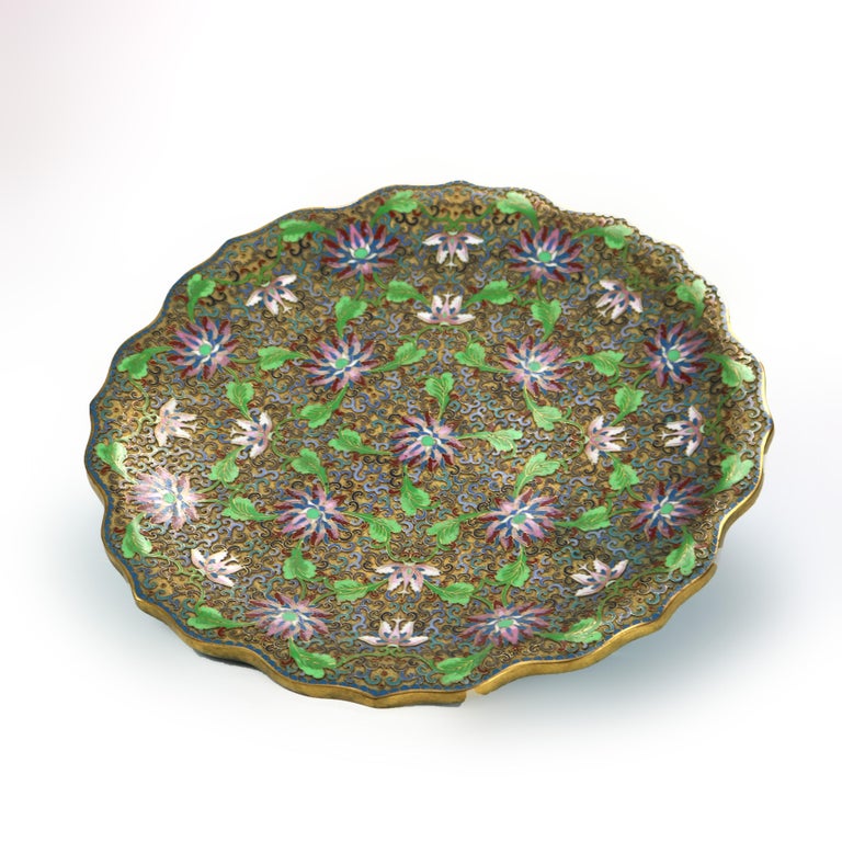 Antique Chinese Cloisonne Scalloped Edge & Reticulated Floral Charger c1920