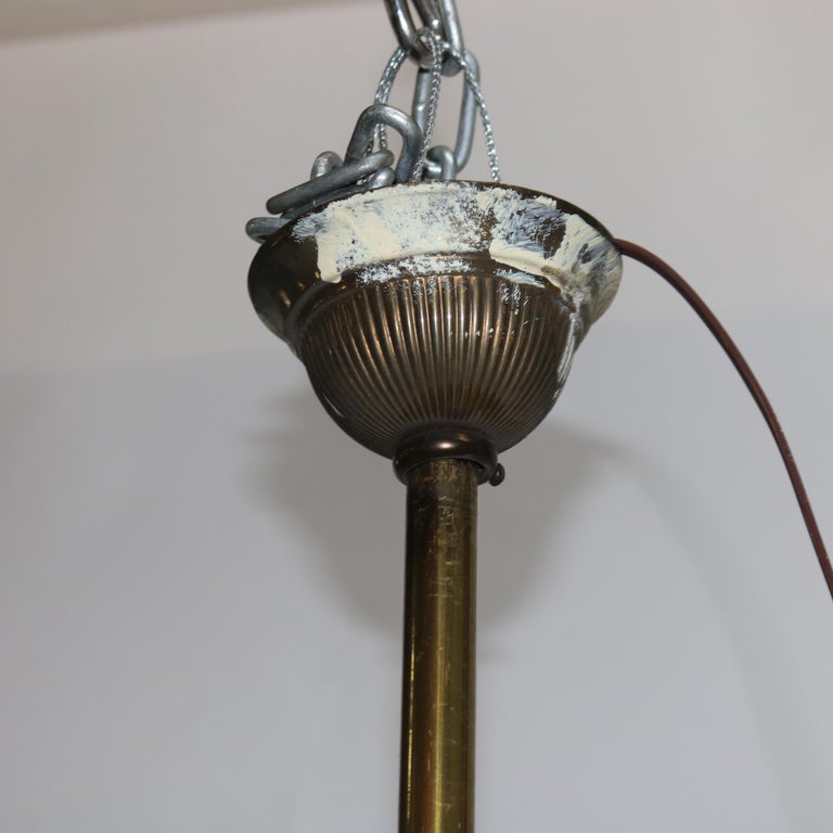 Antique Arts & Crafts Brass & Opalescent Glass Three-Light Hanging Fixture c1920