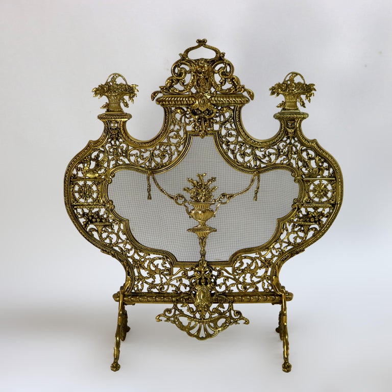 Antique Italian Rococo Gilt Bronze Panier de Fleurs Fireplace Screen C1900