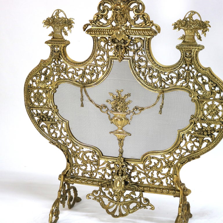 Antique Italian Rococo Gilt Bronze Panier de Fleurs Fireplace Screen C1900