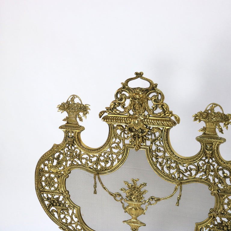 Antique Italian Rococo Gilt Bronze Panier de Fleurs Fireplace Screen C1900
