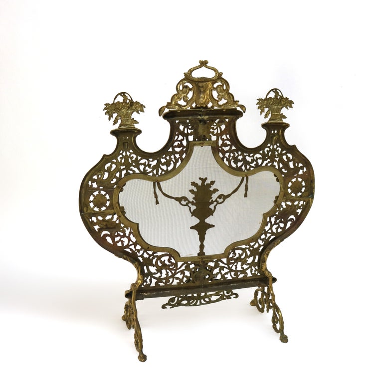 Antique Italian Rococo Gilt Bronze Panier de Fleurs Fireplace Screen C1900