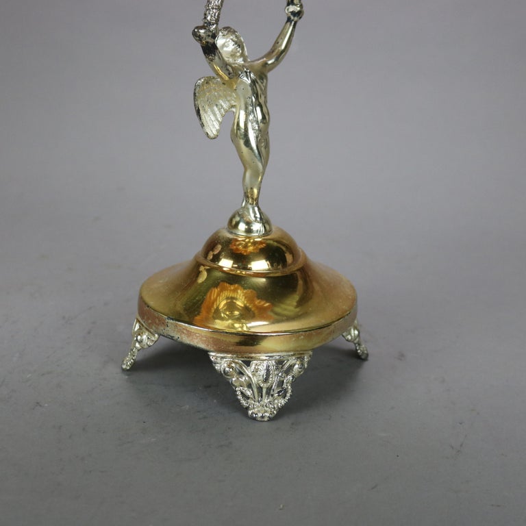 Antique Victorian Figural Cherub Silver Plated Console & Peach Blow Ruffled Bowl