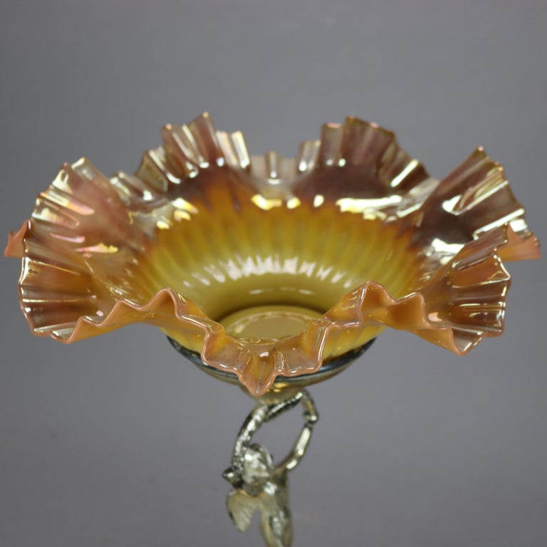 Antique Victorian Figural Cherub Silver Plated Console & Peach Blow Ruffled Bowl