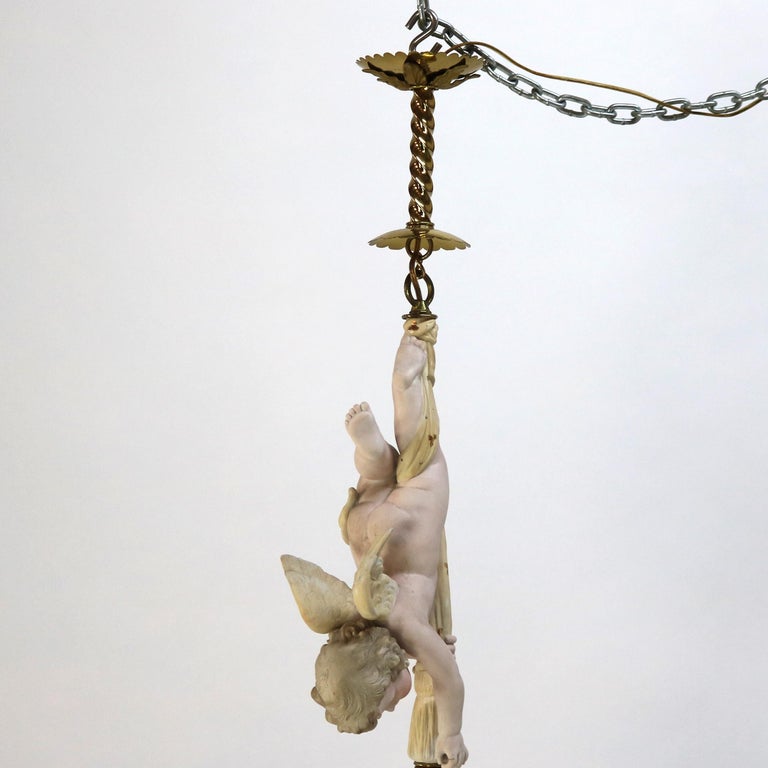French Gilt Bronze, Brass & Bisque Figural Cupid Pendant Light & Jeweled Shade
