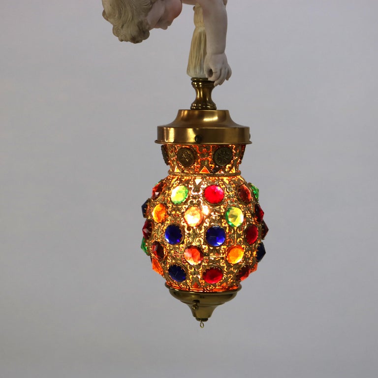 French Gilt Bronze, Brass & Bisque Figural Cupid Pendant Light & Jeweled Shade