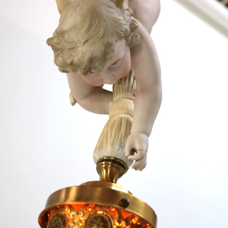 French Gilt Bronze, Brass & Bisque Figural Cupid Pendant Light & Jeweled Shade