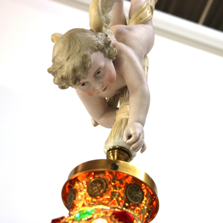 French Gilt Bronze, Brass & Bisque Figural Cupid Pendant Light & Jeweled Shade